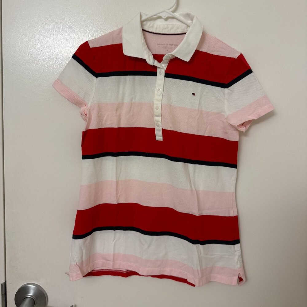 Tommy Hilfiger Women Red-White Heritage Snap 3 Color Striped Polo Shirt (Size M)